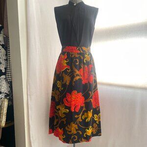 Vintage 70s black, orange, golden yellow and brown floral skirt